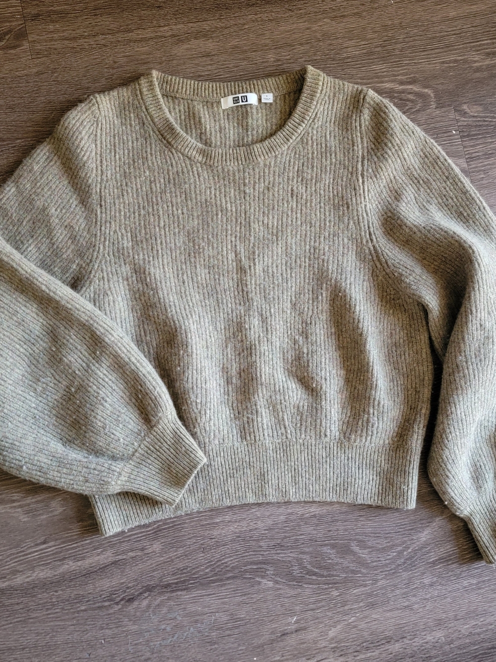 Uniqlo U Heathered 100% Wool Olive-Taupe Ribbed Knit Sweater